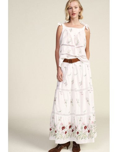 Saia Longa com Bordado Floral e Motivo de Folhos Dixie