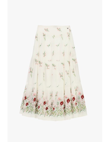 Saia Longa Con Bordado Floral E Motivo Com Folhos Dixie