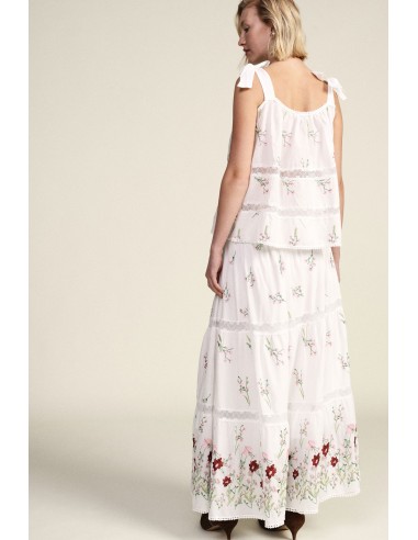 Saia Longa com Bordado Floral e Motivo de Folhos Dixie