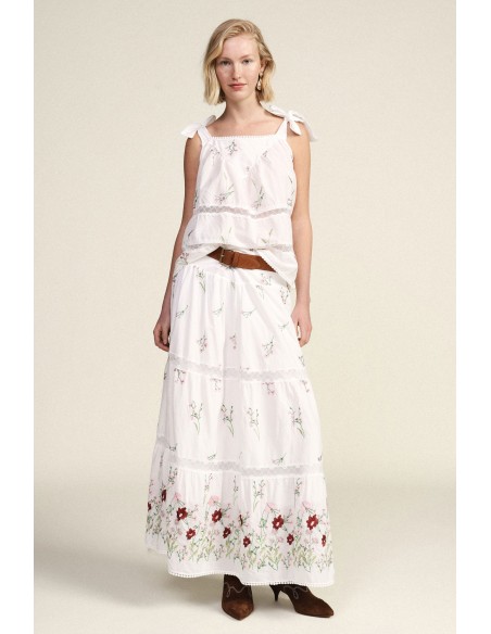 Saia longa com bordado floral e folhos Dixie