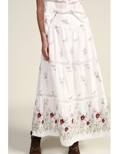 Saia longa com bordado floral e motivo de folhos Dixie