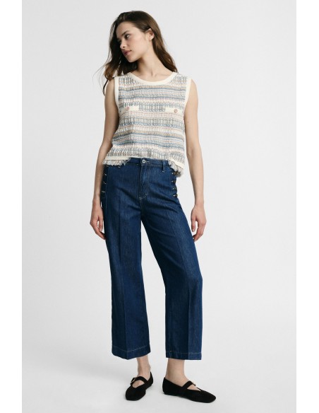 Jeans de perna larga com botões laterais Please