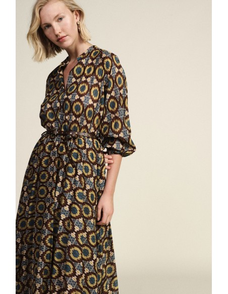 Vestido Longo Com Estampa Geométrica E Cinto Dixie