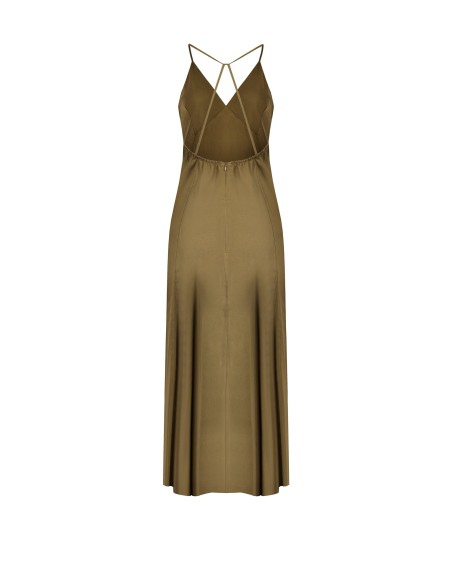 Vestido maxi em mistura de viscose e linho com alças finas cruzadas nas costas Rinascimento