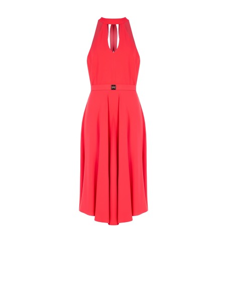 Vestido midi com saia rodada em tecido fluido com cinto rígido com logo RR Rinascimento