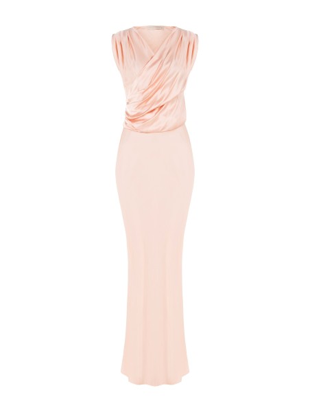 Vestido longo estilo slip em cetim com decote em V drapeado Rinascimento
