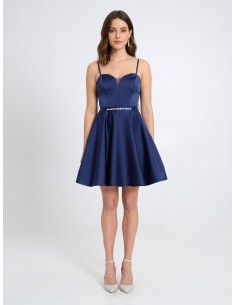 Vestido curto evasé em cetim com cinto a condizer e strass Rinascimento 2