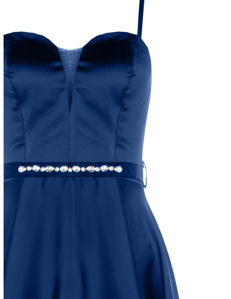 Vestido curto evasé em cetim com cinto a condizer e strass Rinascimento