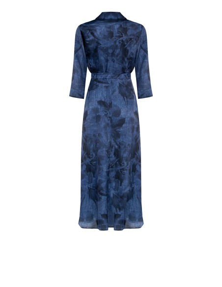 Vestido longo chemisier estampado efeito ganga com cinto Rinascimento