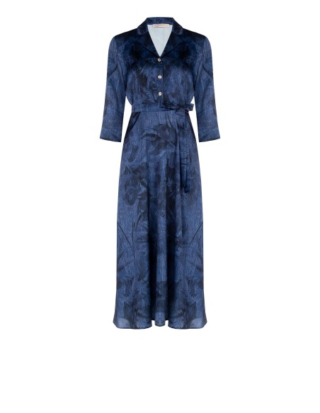 Vestido longo chemisier estampado efeito ganga com cinto Rinascimento