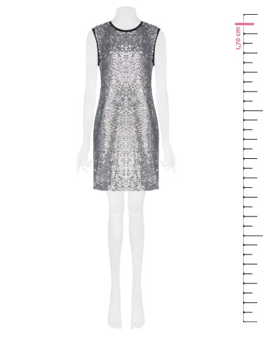 Vestido curto coberto de lantejoulas na parte da frente, com decote redondo e cava em lurex Rinascimento