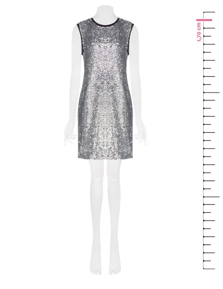 Vestido curto coberto de lantejoulas na parte da frente, com decote redondo e cava em lurex Rinascimento