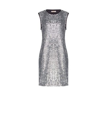 Vestido curto coberto de lantejoulas na parte da frente com decote redondo e cava em lurex Rinascimento