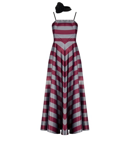 Vestido longo rodado em cetim com cinto rosa Rinascimento