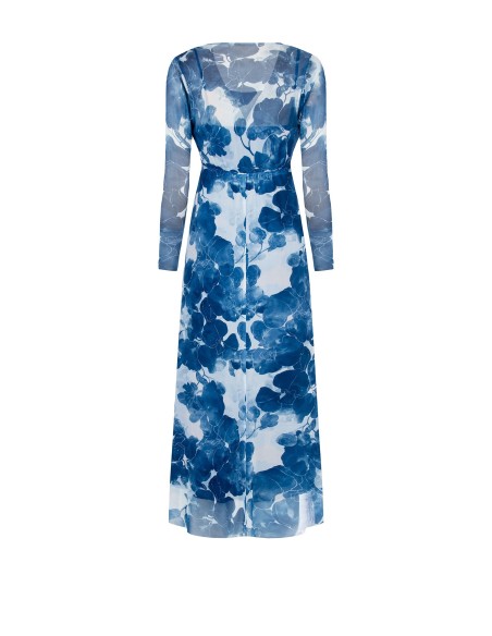 Vestido Longo em Tule Elástico com Decote em V e Nó Rinascimento