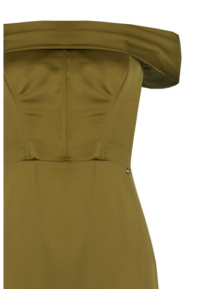 Vestido longo bustier em cetim com armações e fenda lateral Rinascimento