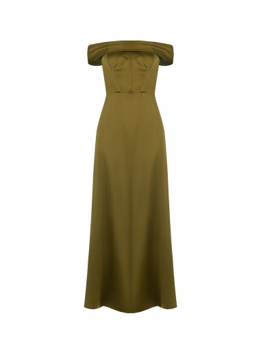 Vestido longo bustier em cetim com armações e fenda lateral Rinascimento