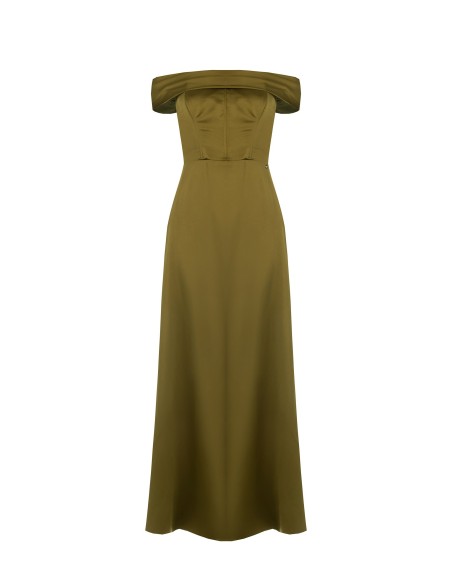 Vestido longo bustier em cetim com armações e fenda lateral Rinascimento