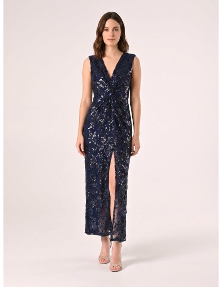 Vestido longo tubinho de rede com lantejoulas e fenda frontal Rinascimento