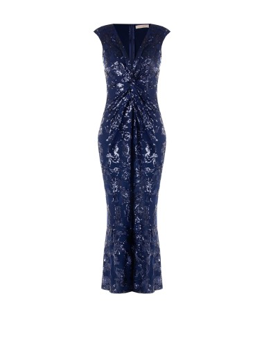Vestido longo tipo tubinho em rede com lantejoulas e fenda frontal Rinascimento