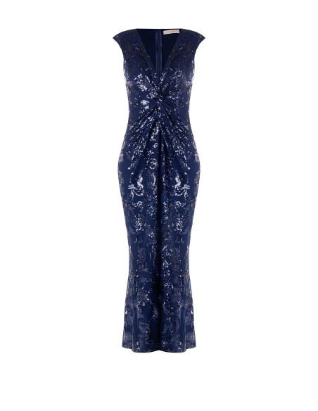 Vestido longo tipo tubinho em rede com lantejoulas e fenda frontal Rinascimento