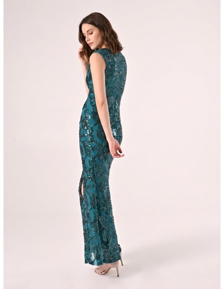 Vestido longo tubinho em rede com lantejoulas e fenda à frente Rinascimento