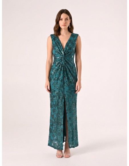 Vestido longo tubinho em rede com lantejoulas e fenda frontal Rinascimento