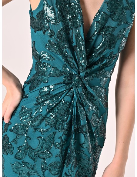 Vestido longo estilo tubinho em rede com lantejoulas e fenda frontal Rinascimento