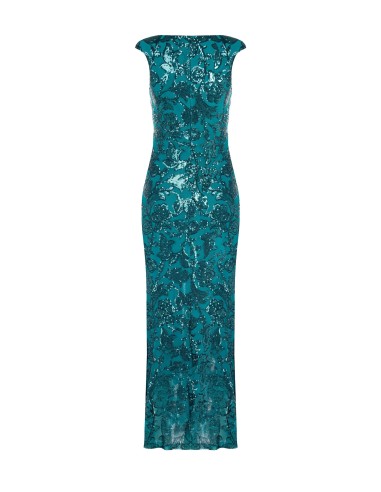 Vestido longo tubinho em rede com lantejoulas e fenda frontal Rinascimento