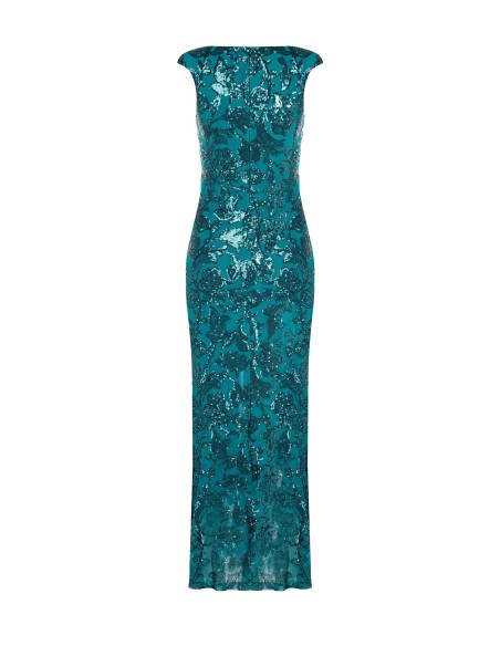 Vestido longo tubinho em rede com lantejoulas e fenda frontal Rinascimento