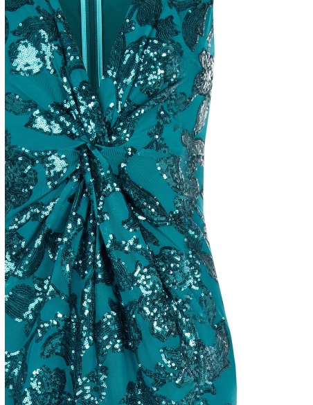 Vestido Longo Tubinho em Rede com Lantejoulas e Fenda Frontal Rinascimento