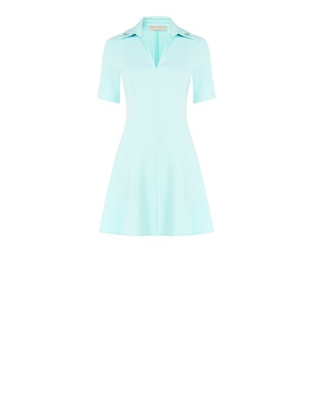 Vestido curto com saia rodada em tecido bi-stretch, com decote em V e laço de strass na gola Rinascimento