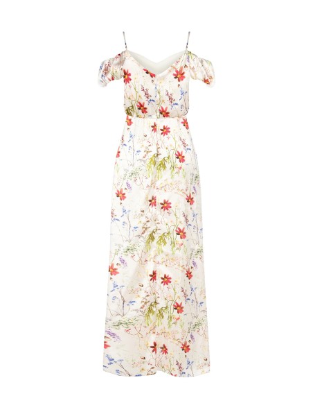 Vestido Maxi em Cetim Estampa Botânica com Duplo Decote em Coração Rinascimento