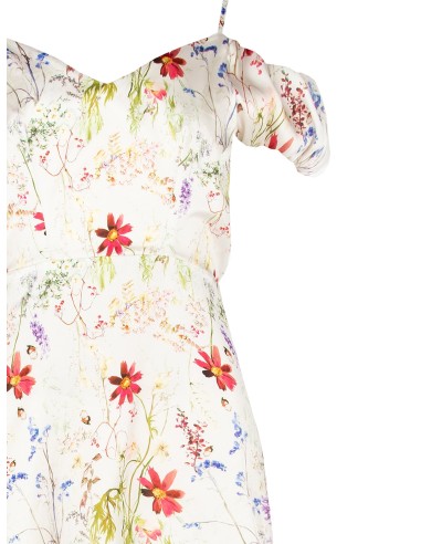 Vestido maxi em cetim com estampa botânica e duplo decote coração Rinascimento