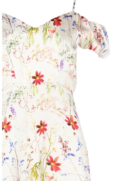 Vestido maxi em cetim com estampa botânica e duplo decote coração Rinascimento