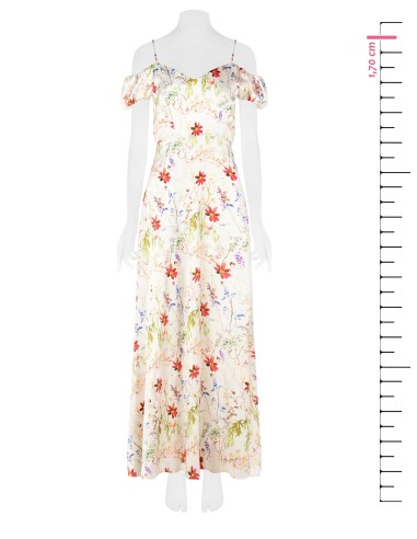 Vestido maxi em cetim com estampa botânica e duplo decote em coração Rinascimento