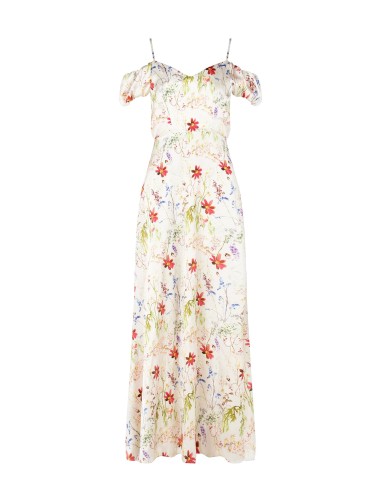 Vestido Maxi em Cetim com Estampa Botânica e Decote Duplo em Coração Rinascimento