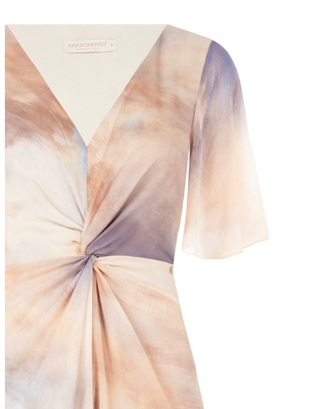 Vestido Longo em Crepe Degradado com Nó e Decote em V Rinascimento