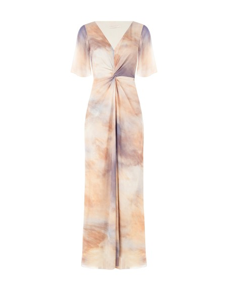 Vestido Longo em Crepe Esfumado com Nó e Decote em V Rinascimento