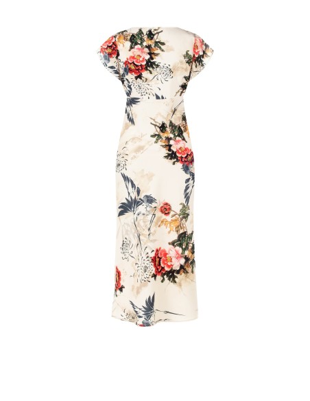 Vestido longo acinturado em cetim com decote em V Rinascimento