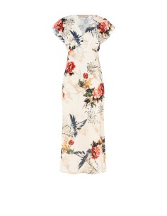 Vestido longo acinturado em cetim com decote em V Rinascimento