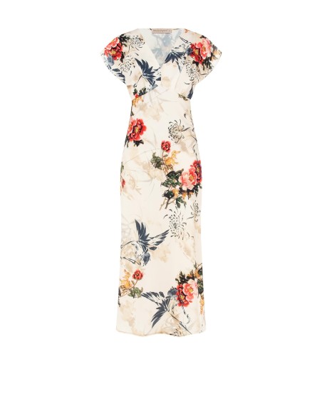 Vestido longo acinturado em cetim com decote em V Rinascimento