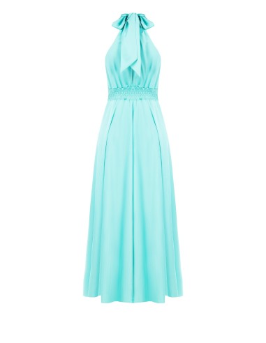 Vestido longo de saia rodada em cetim com laço ao pescoço Rinascimento