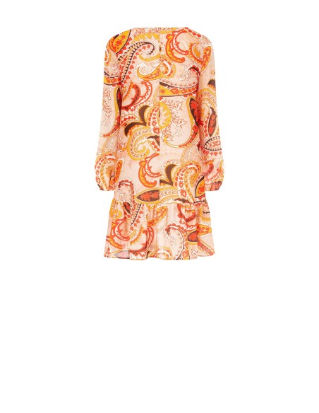 Vestido curto trapézio com decote em V e folhos Rinascimento