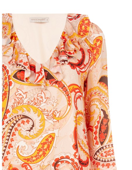 Vestido curto com corte trapézio, decote em V e folhos Rinascimento