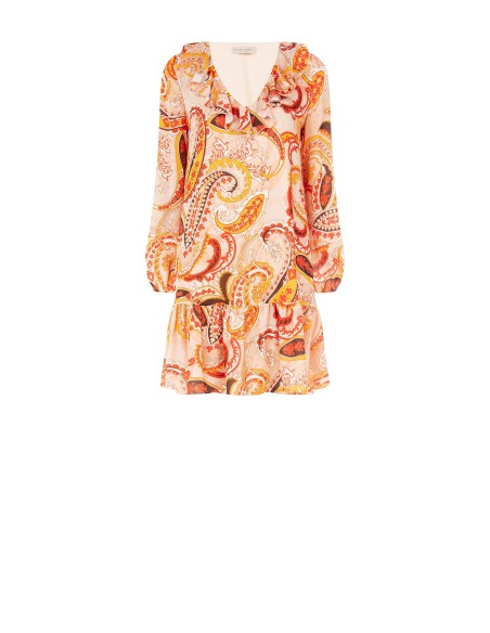 Vestido curto em trapézio com decote em V e folhos Rinascimento