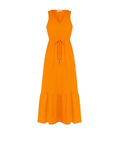 Vestido longo em algodão com cordão na cintura e decote em V Rinascimento