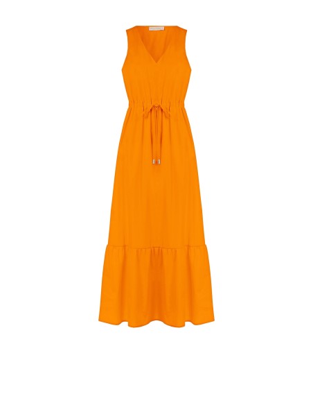 Vestido longo em algodão com cordão na cintura e decote em V Rinascimento