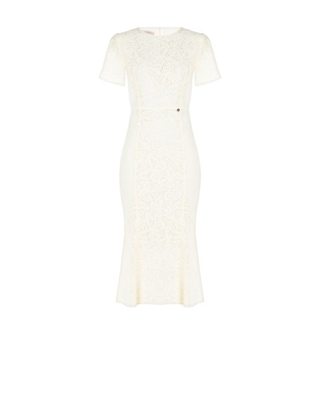 Vestido midi justo e evasé em renda Rinascimento