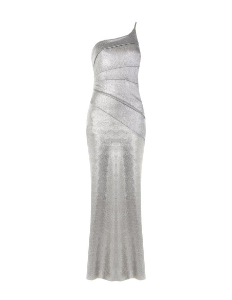 Vestido longo evasê em malha laminada Rinascimento